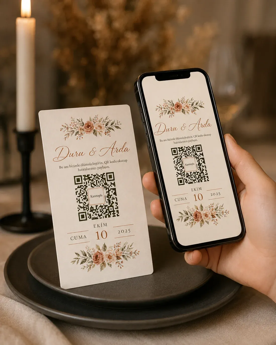 Mum ışığındaki düğün masasında duran çiçek desenli QR kodlu masa kartı ve aynı sayfayı telefonunda açmış bir misafir